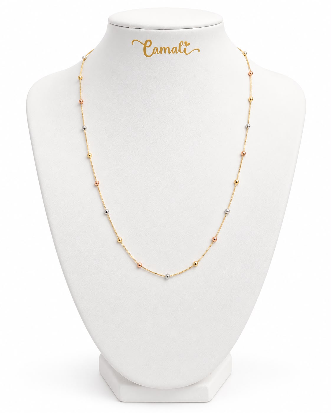 18k gold box chain with tritone beads, 45cm, 2.59g