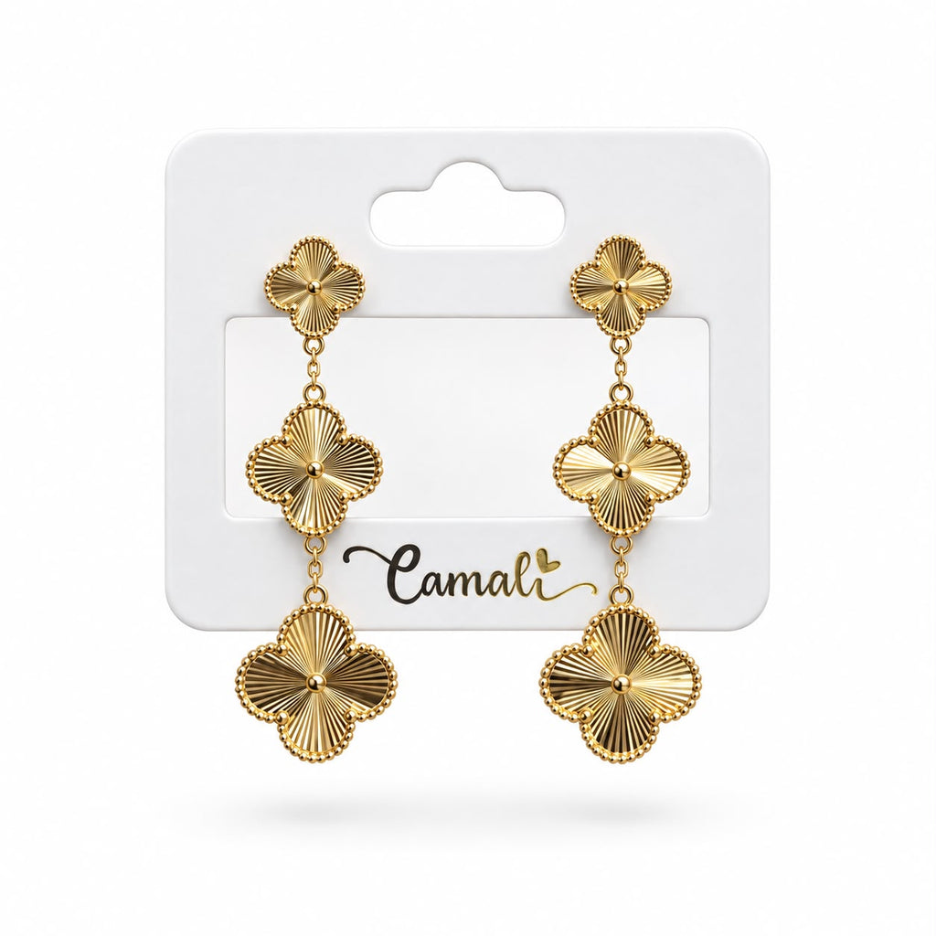 Boucles d'oreilles pendantes 3 trèfles en or 18 carats, 4,90g