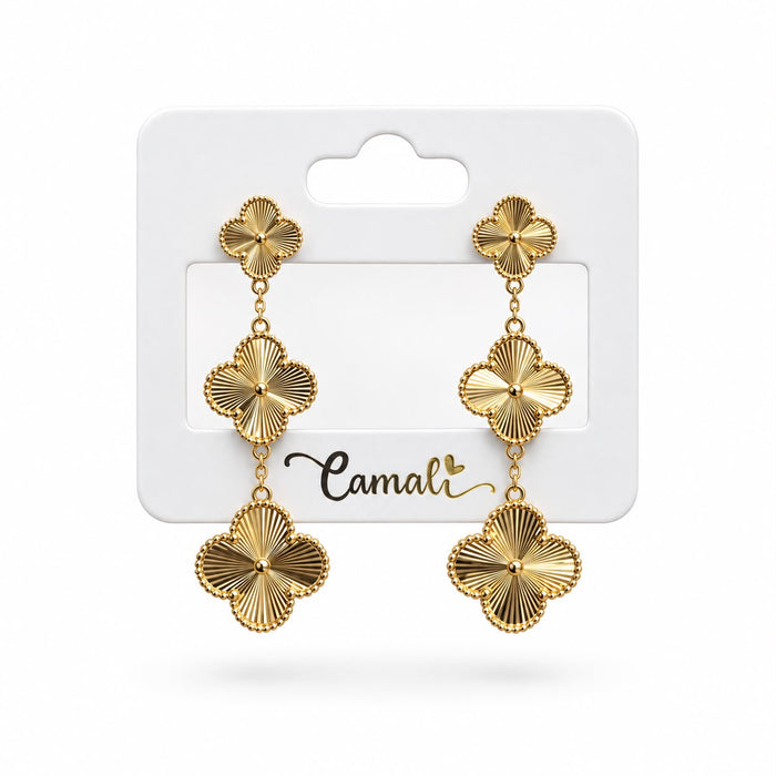Boucles d'oreilles pendantes 3 trèfles en or 18 carats, 4,90g