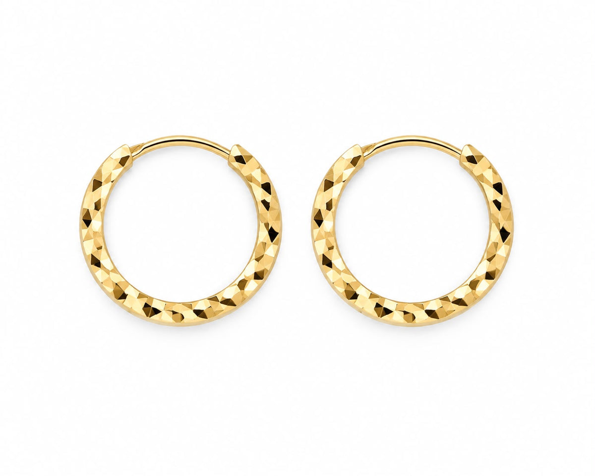 18k gold textured Huggies, 12mm, 1.33g
