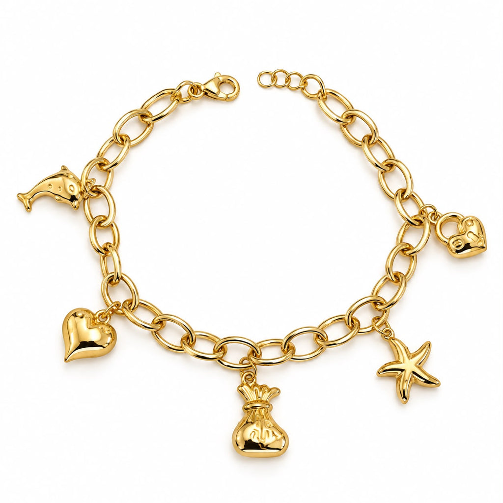 Bracelet à breloques en or 18K, dauphin, cœur, sac d'argent, étoile de mer et cadenas, 17,5-19 cm, 6,28 g
