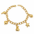 Bracelet à breloques en or 18K, dauphin, cœur, sac d'argent, étoile de mer et cadenas, 17,5-19 cm, 6,28 g