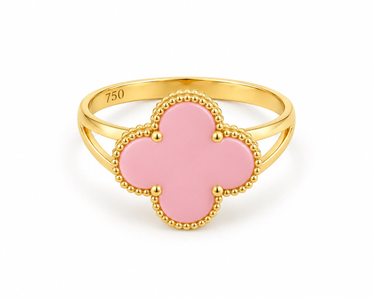 18k gold clover ring with pink stone, size 6.5, 1.95g