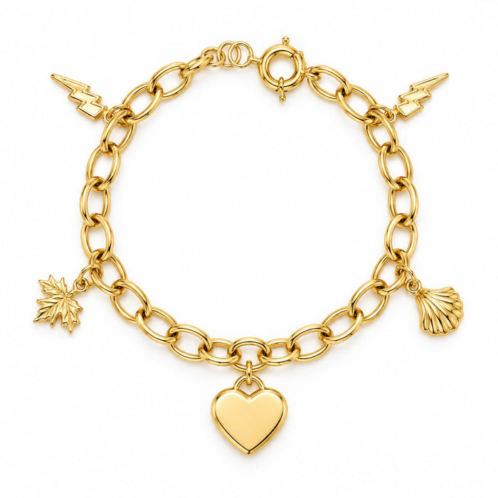 Bracelet à breloques en or 18 carats, éclair, coquillage, cœur et feuille du Canada, 17,5-19 cm, 5,43 g