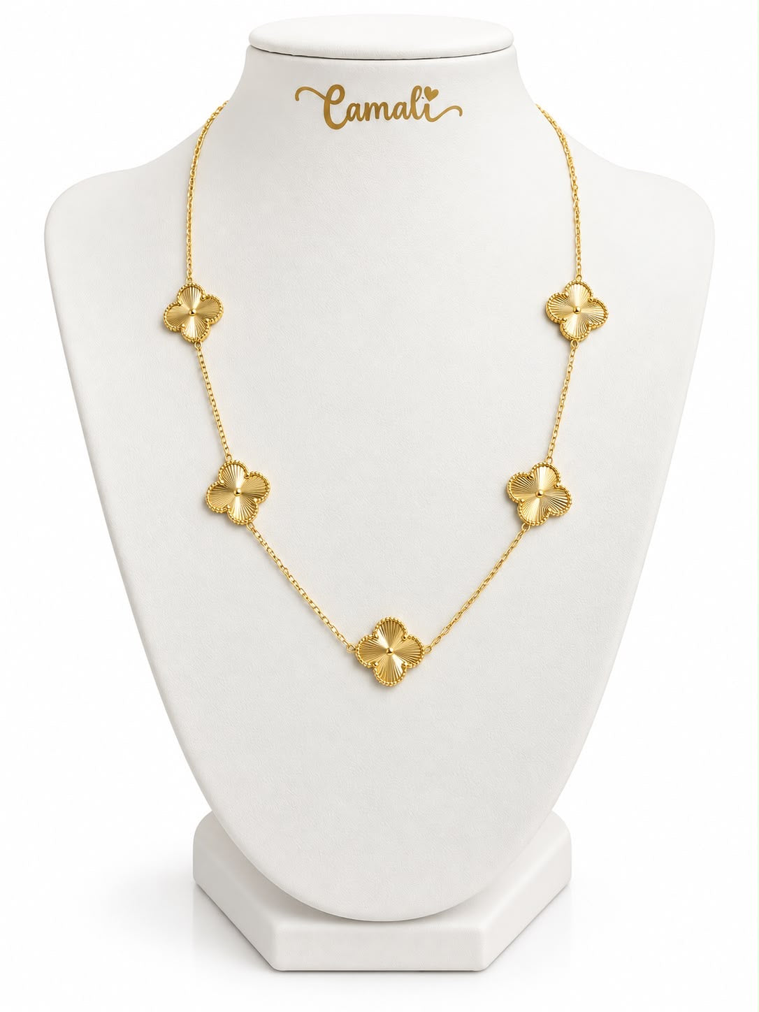 18k gold 5 large clovers (15mm),  necklace adjustable 40 to 45 cm, 7.05g