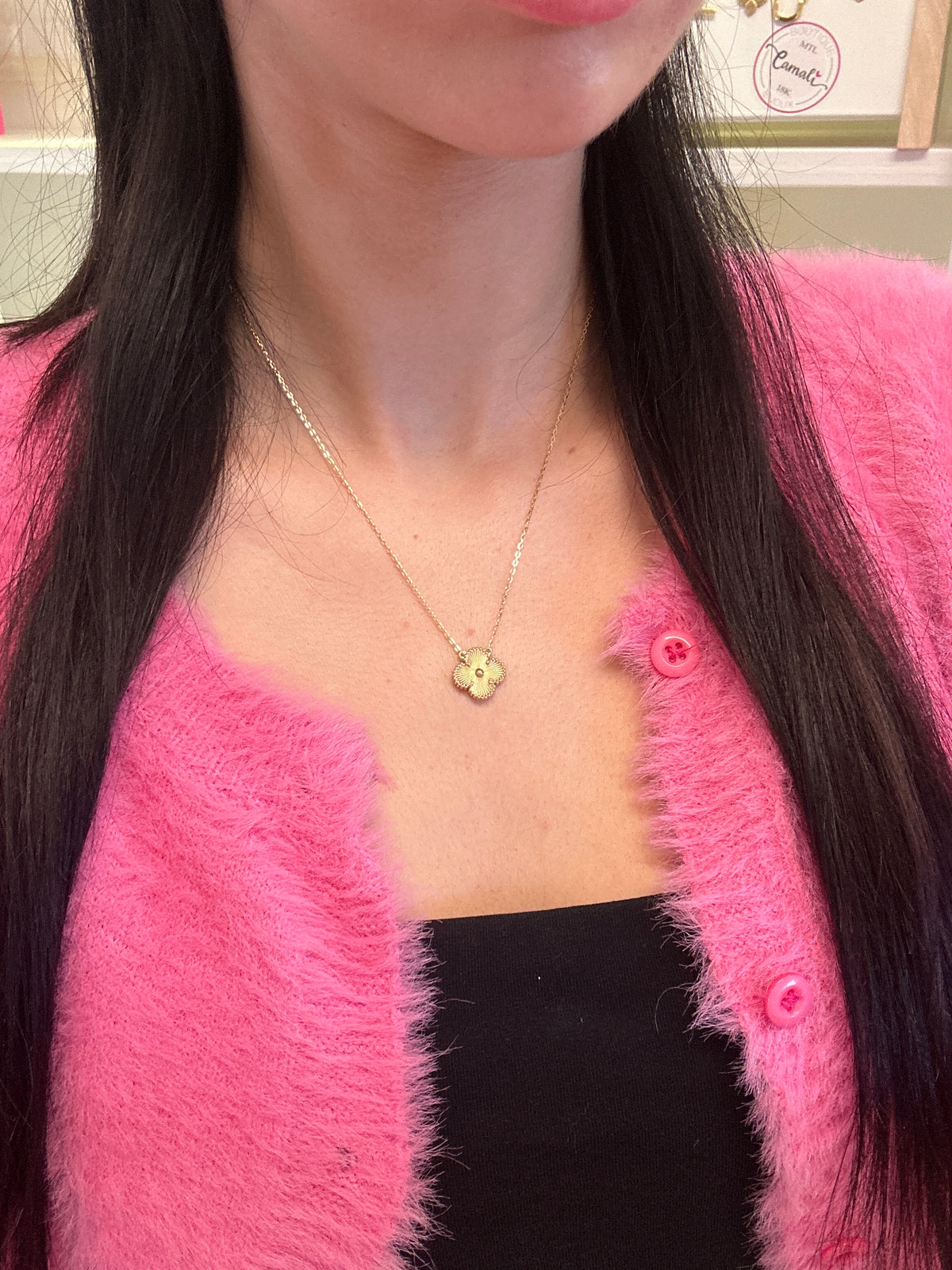 18k gold necklace one clover attached, large 15mm, ajustable 40-45cm, 3.69g
