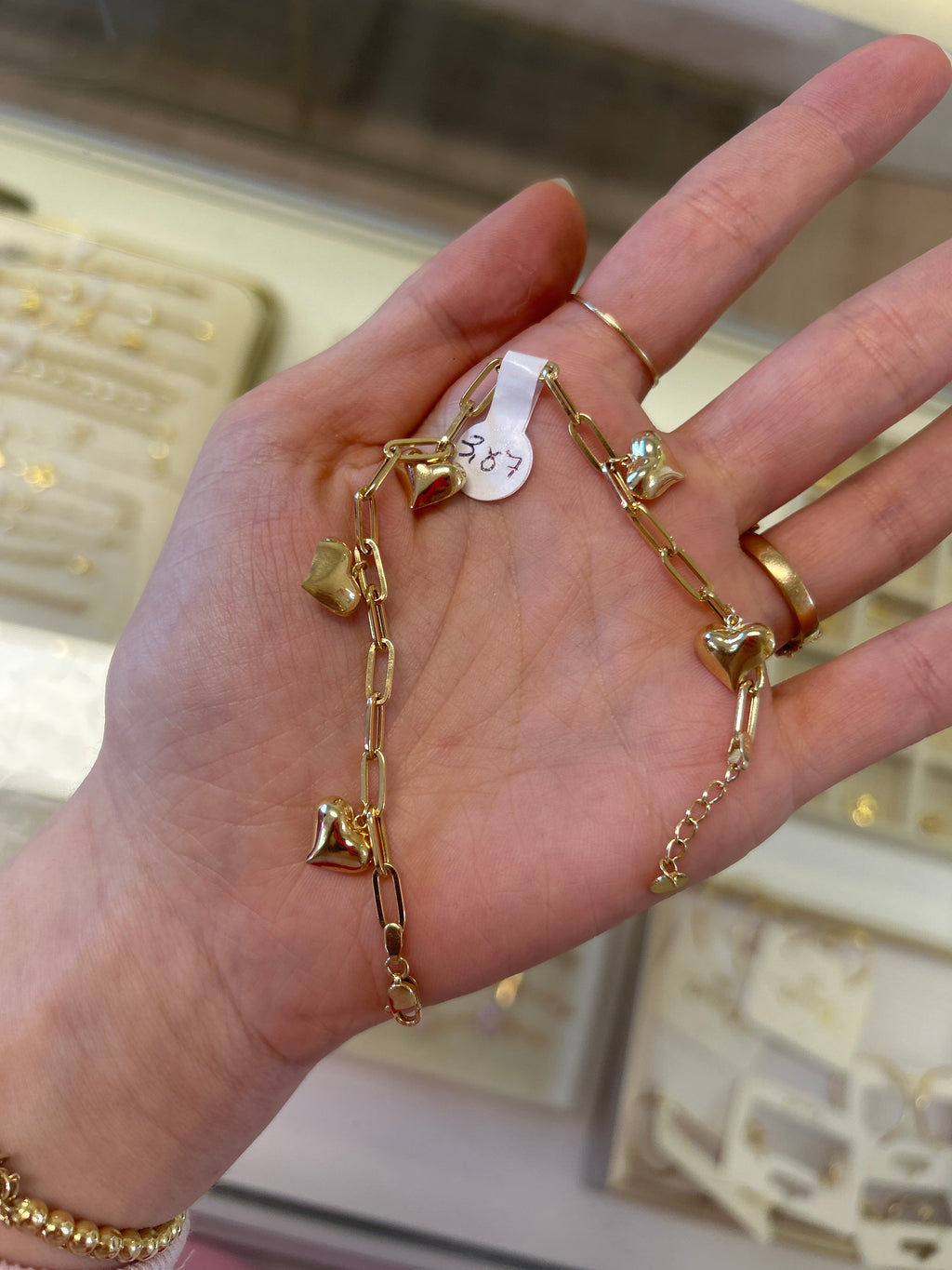 18k gold paperclip with dangling hearts, adjustable 17-18cm, 3.87g