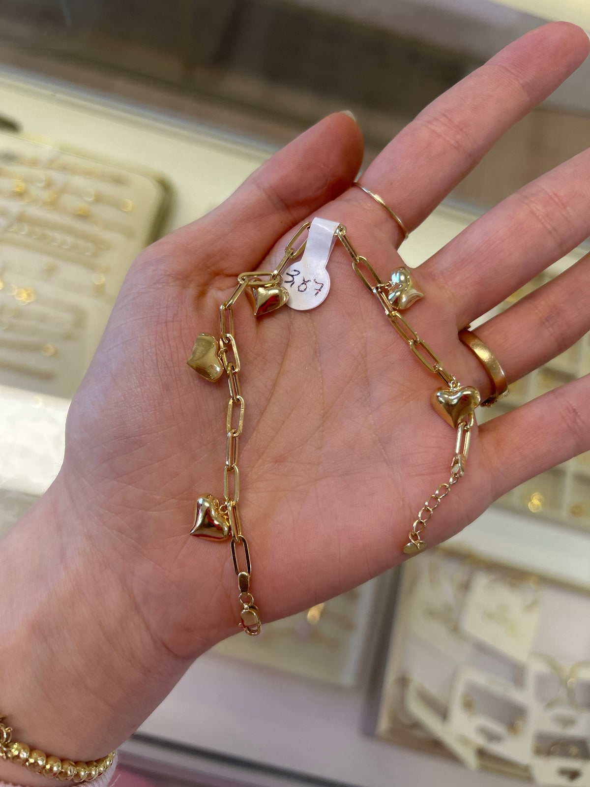 18k gold paperclip with dangling hearts, adjustable 17-18cm, 3.87g