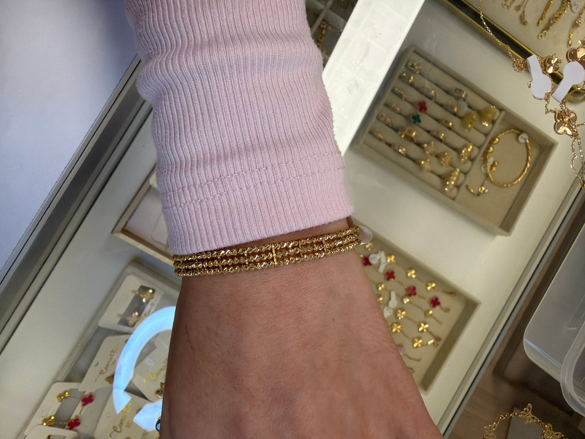 18k gold diacut beaded adjustable 3 layers bracelet, size 16-18, 8.51g