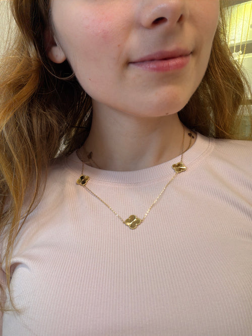 18k gold 3 large 15mm clovers attached necklace, adjustable 40-45, 4.95g