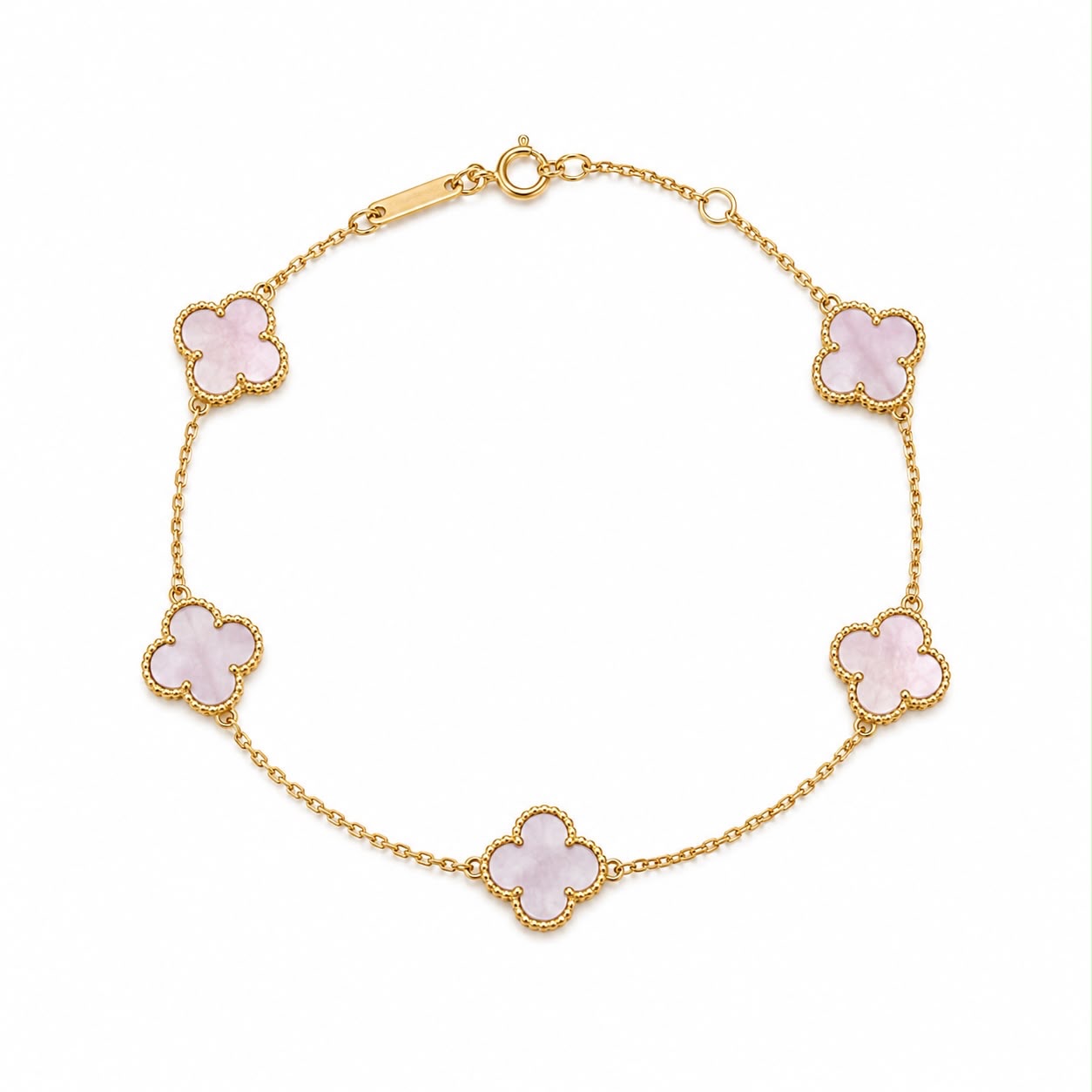 18k gold pink chalcedony bracelet, small size clovers 8mm, adjustable 17.5 to 19cm, 3.01g